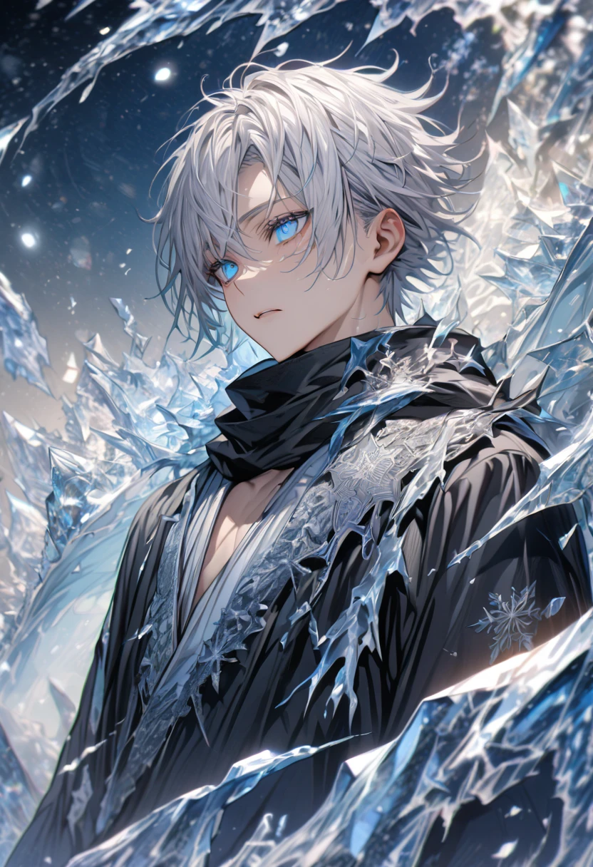 absurdres, highres, ultra detailed, HDR, master piece, best quality, extremely detailed face, delicated features, Gojou Satoru, white hair, expressive blue eyes, white eyelashes, Jujutsu Kaisen, solo, sexy man, handsome,  black scarf, white haori,  black-, fantasy, magical, ice, blue fire, ice butterflies, snowflakes, starry night, ice prison, trapped in ice