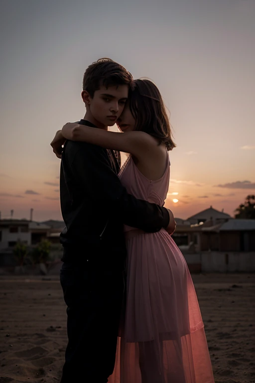 Generate an image where the background is a pink sunset and you can see the shadows of people in black of a boy and a girl hugging, both of them 18 years old, the boy taller than the girl and holding a gun with one hand pointing away from the girl