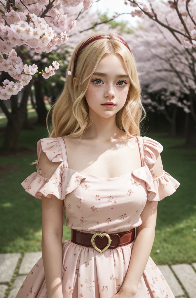 A beautiful sensual curvy blonde tween wearing a sweet Pink Contrast Mesh, Ruffle Hem, All Over cherry blossoms Print, A Line, Short puff Sleeves, Sweetheart neckline, thin gold belt with tiny heart buckle, High Waist,Flounce hem Long gown, very long curling hair, cute, sweet, town picnic, warm atmosphere, pretty, pretty lighting, 8k, octane render, detailed, detailed background, 35mm, realistic, photorealistic, perfect face, cherry blossoms barrettes in hair, freckles, ((American face))