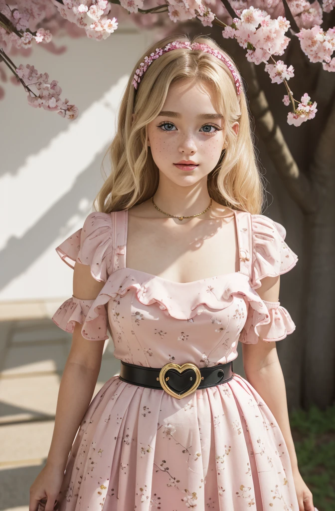 A beautiful sensual curvy blonde tween wearing a sweet Pink Contrast Mesh, Ruffle Hem, All Over cherry blossoms Print, A Line, Short puff Sleeves, Sweetheart neckline, thin gold belt with tiny heart buckle, High Waist,Flounce hem Long gown, very long curling hair, cute, sweet, town picnic, warm atmosphere, pretty, pretty lighting, 8k, octane render, detailed, detailed background, 35mm, realistic, photorealistic, perfect face, cherry blossoms barrettes in hair, freckles, ((American face))