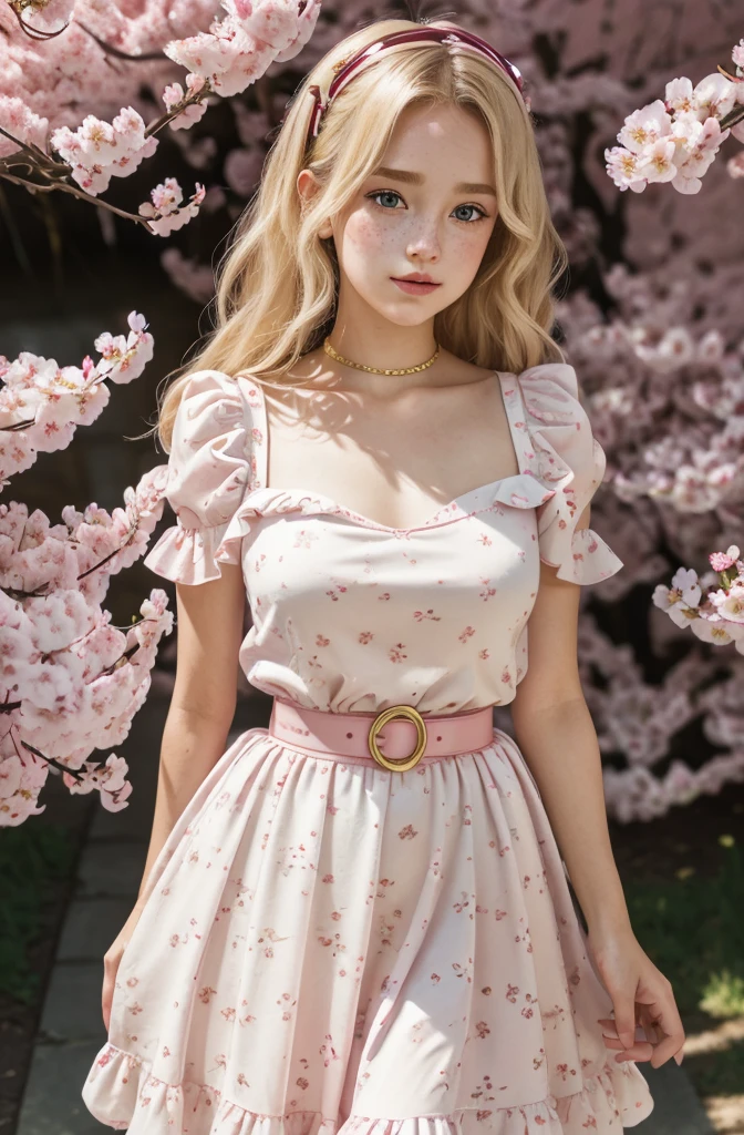 A beautiful sensual curvy blonde tween wearing a sweet Pink Contrast Mesh, Ruffle Hem, All Over cherry blossoms Print, A Line, Short puff Sleeves, Sweetheart neckline, thin gold belt with tiny heart buckle, High Waist,Flounce hem Long gown, very long curling hair, cute, sweet, town picnic, warm atmosphere, pretty, pretty lighting, 8k, octane render, detailed, detailed background, 35mm, realistic, photorealistic, perfect face, cherry blossoms barrettes in hair, freckles, ((American face))