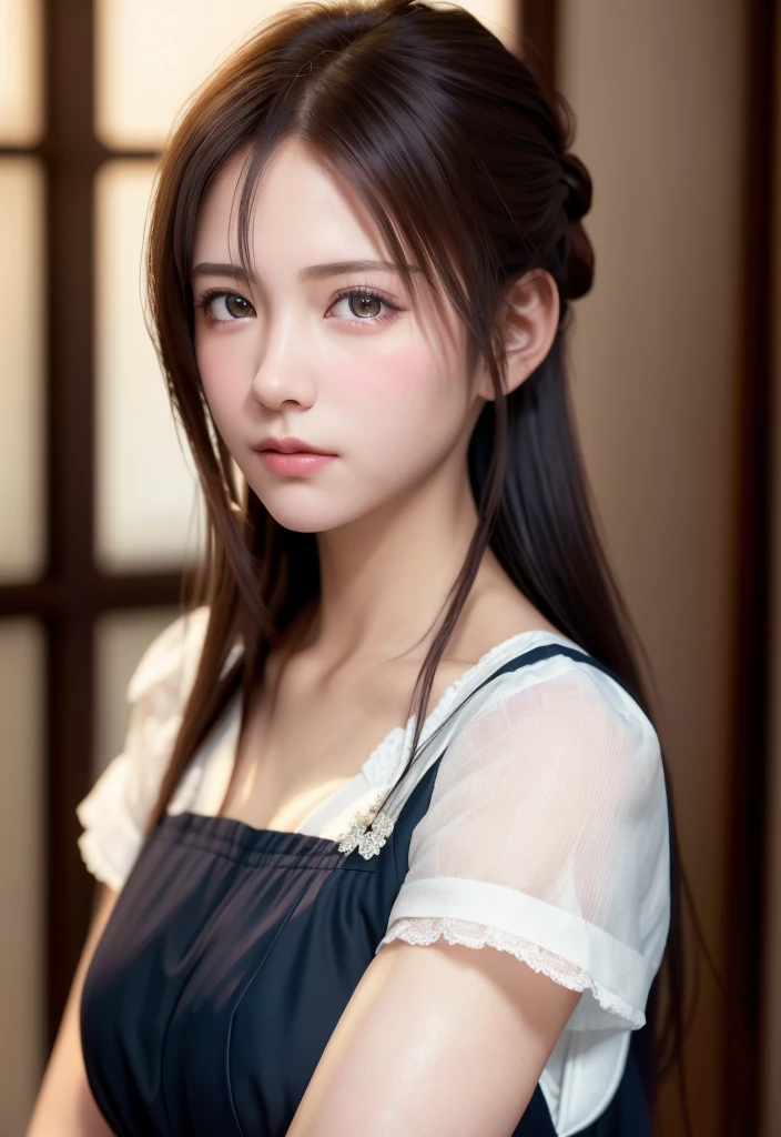 8K, of the highest quality, masutepiece:1.2), (Realistic, Photorealsitic:1.37), of the highest quality, masutepiece, Beautiful young woman, Pensive expression, Thoughtful look, Cute Maid Clothes, Hair tied back, Messy mood, Cinematic background, Tired, Light skin tone