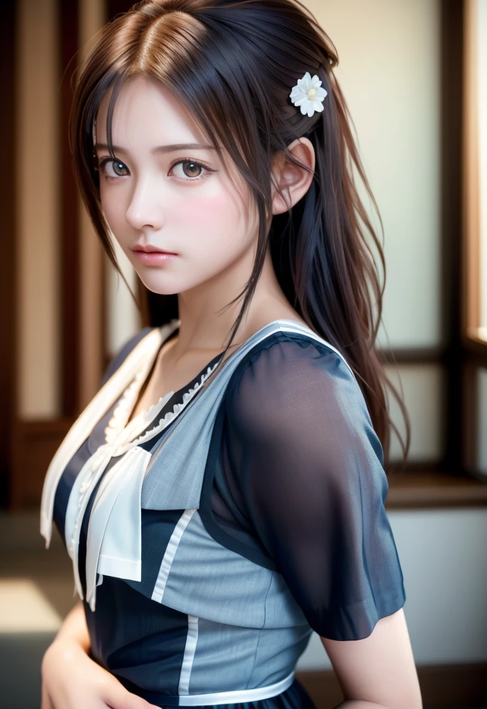8K, of the highest quality, masutepiece:1.2), (Realistic, Photorealsitic:1.37), of the highest quality, masutepiece, Beautiful young woman, Pensive expression, Thoughtful look, Cute Maid Clothes, Hair tied back, Messy mood, Cinematic background, Tired, Light skin tone