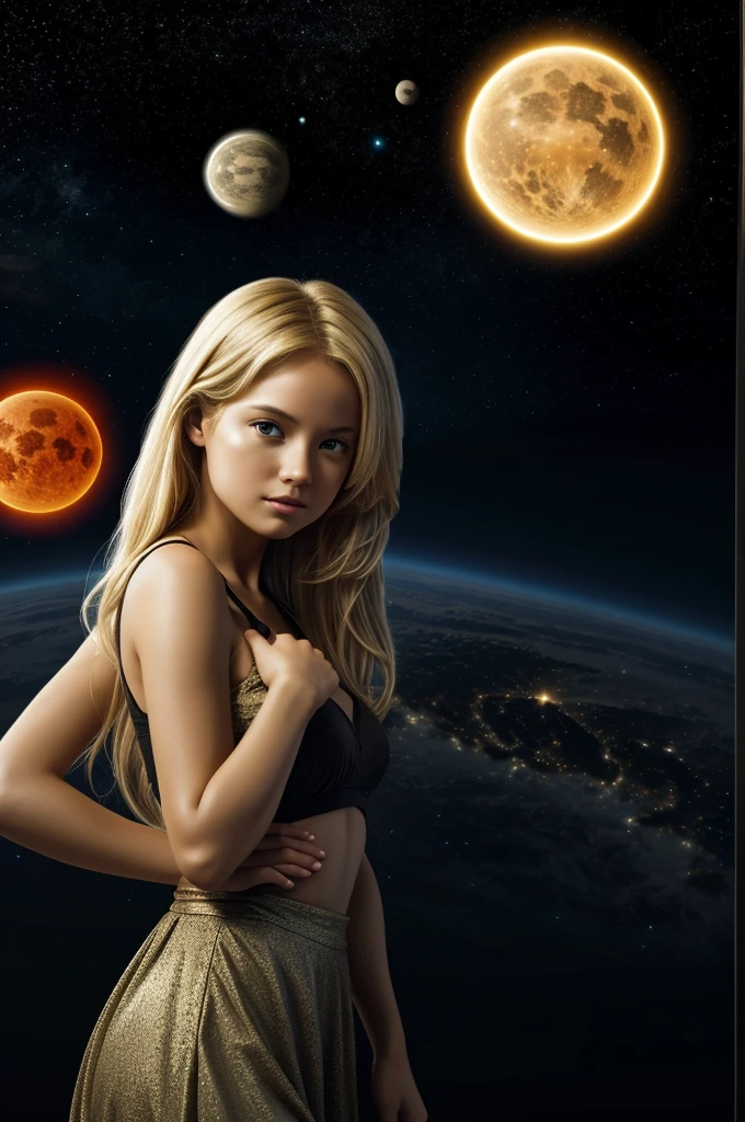 Gravitationaly bound system included 3 suns 2 earthes and blonde girl wallpaper for windows dark theme