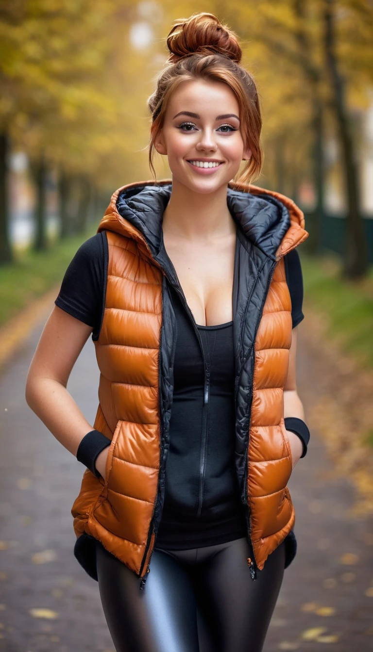 ultrarealistic high quality full body photo of a beautiful busty slim european 25-year-old woman with cute hyperdetailed shy face and natural redhead messy bun hair and shy smile , realistic round hazel eyes, natural lips, dark eye makeup with eyeliner, wearing casual hoodie with shiny puffer vest and latex leggins, hourglass body, outdoor photography, tanned