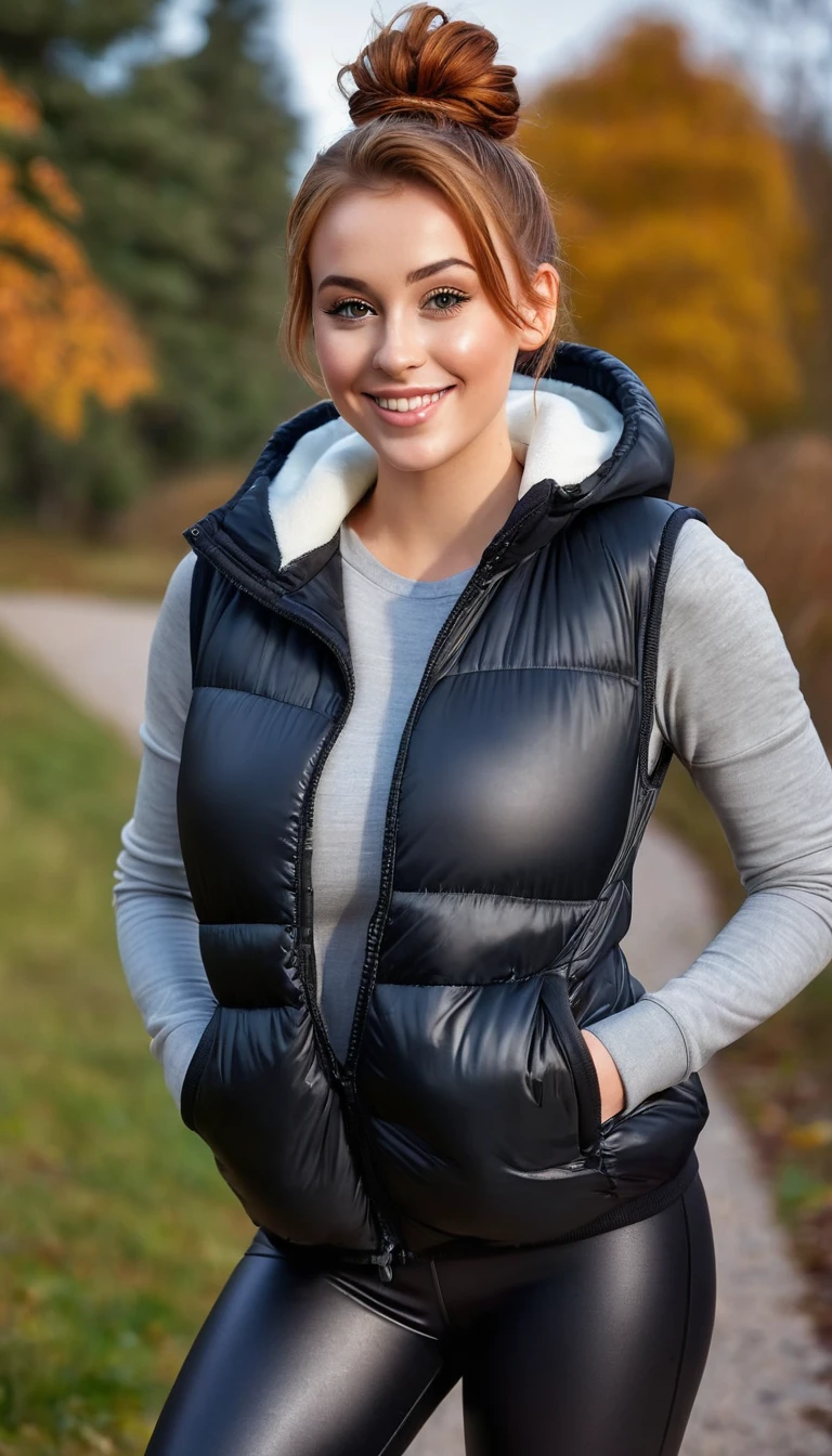 ultrarealistic high quality full body photo of a beautiful busty slim european 25-year-old woman with cute hyperdetailed shy face and natural redhead messy bun hair and shy smile , realistic round hazel eyes, natural lips, dark eye makeup with eyeliner, wearing casual hoodie with shiny puffer vest and latex leggins, hourglass body, outdoor photography, tanned