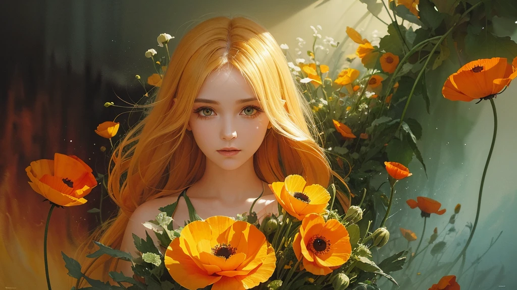 32k, Masterpiece, Highest quality, One girl, Detailed eyes, flower,Iceland Poppy, Orange and yellow style,A dreamy, romantic piece,Pale yellow, Mysterious Leaves,A playful arrangement,Fantasy,High Contrast,Ink strokes,explosion,Exposure, Impression of orange and yellow tones,Abstract,((Watercolours by John Berkey and Jeremy Mann )) Brush strokes,Negative Space, Tyndall effect,