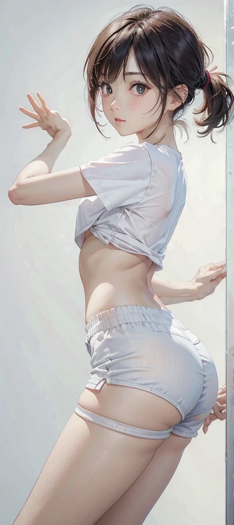 8K、realistic、Adorable Girl . Very Kawaii , Round Face . Solo , Slim , Medium Breasts , Short Stature . Glossy Skin . Plain White T-shirt . Booty Shorts . Dynamic Pose . Dynamic Angle . No Background , White Background , looking at viewer