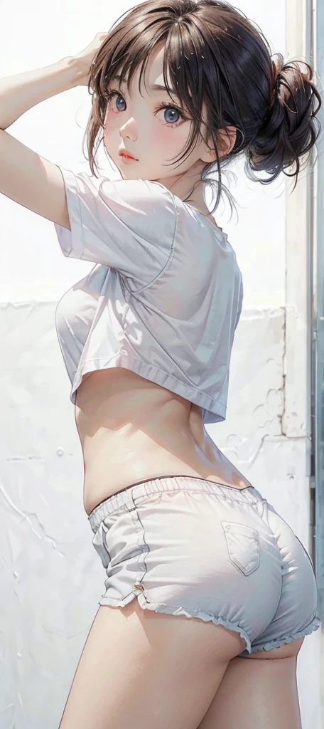 8K、realistic、Adorable Girl . Very Kawaii , Round Face . Solo , Slim , Medium Breasts , Short Stature . Glossy Skin . Plain White T-shirt . Booty Shorts . Dynamic Pose . Dynamic Angle . No Background , White Background , looking at viewer