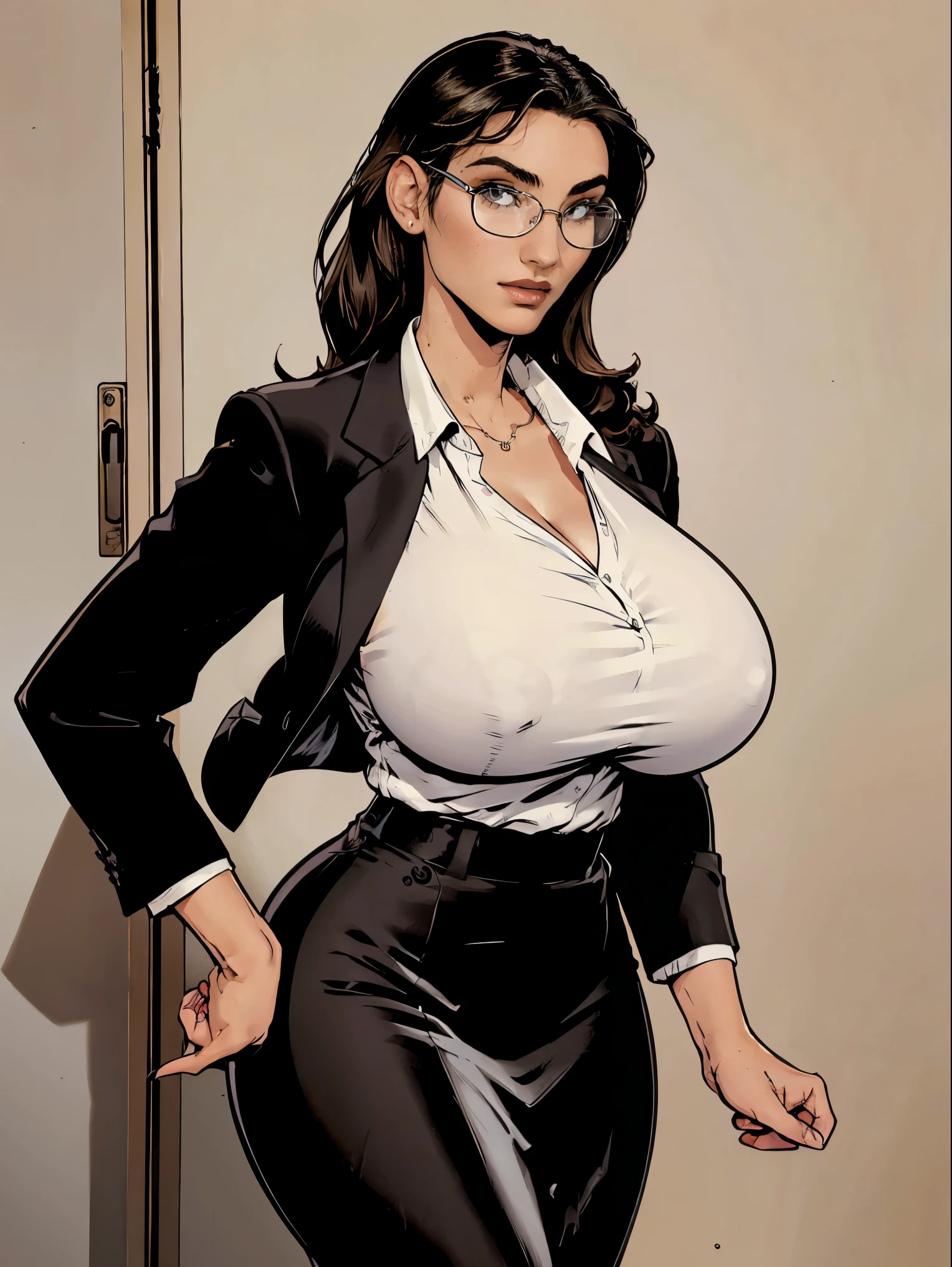 Gorgeous and sultry busty athletic (thin) brunette with sharp facial features and a (large nose) and (huge boobs) wearing a black blazer, white blouse and black pencil skirt, glasses