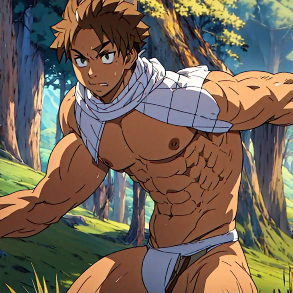 Muscular young man in,fundoshi , big pack big chest muscular abdomen in the field
