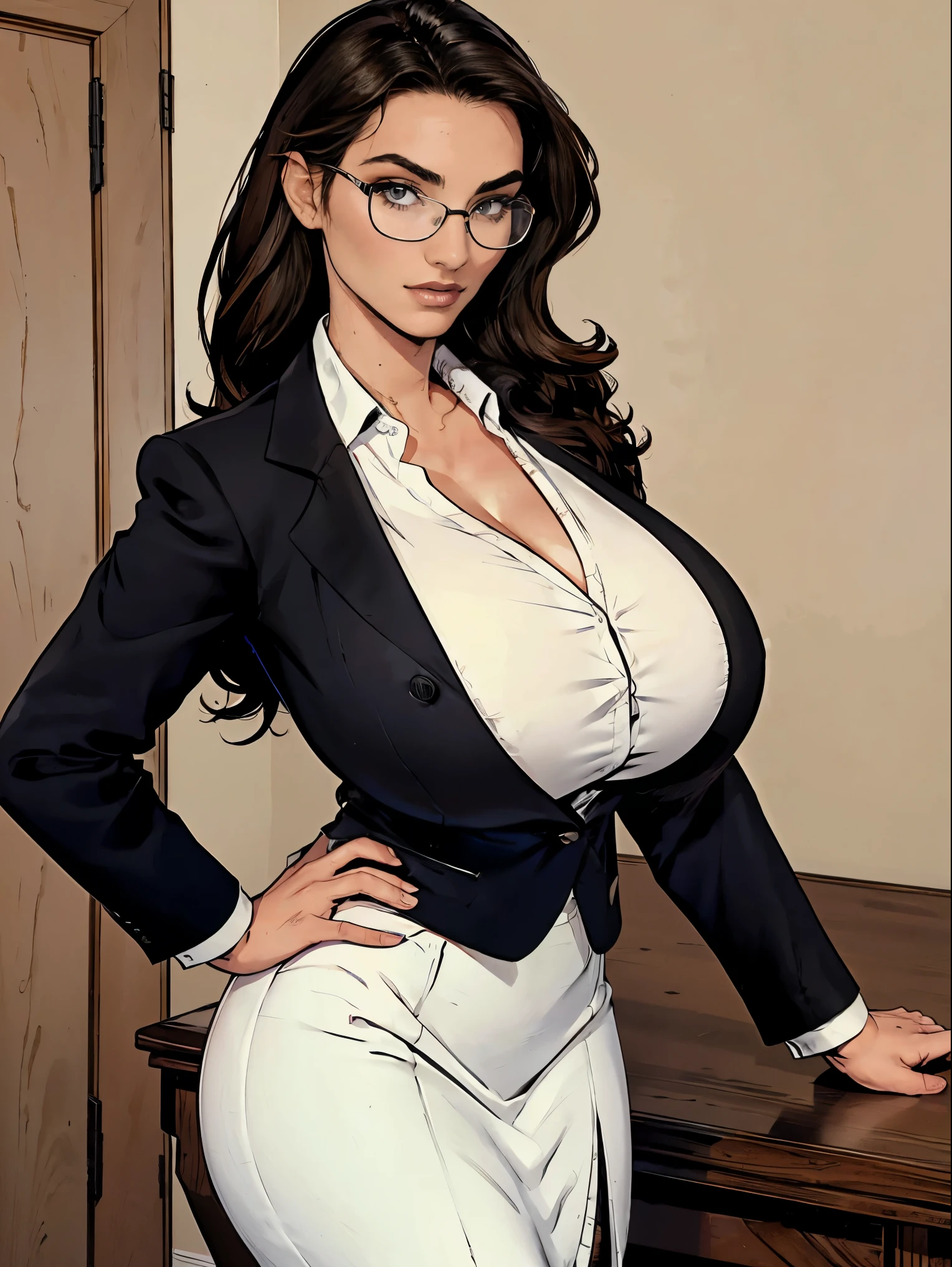 Gorgeous and sultry busty athletic (thin) brunette with sharp facial features and a (large nose) and (huge boobs) wearing a black blazer, white blouse and black pencil skirt, glasses