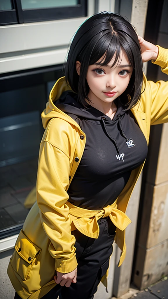 (masterpiece,best quality:1.2),(8k),shiny skin,detailed skin,detailed face,detailed eyes,1girl,beautiful face,black hair,straight_hair,early ,cowboy_shot,depth of field,(looking_to_the_side:1.2),looking_afar,looking_up,crazy_smile,from_above,bob cut,short hair,medium breasts,((hip-hop girl:1.3)),((yellow and black hoodie:1.2)),((black cargo pants)),ダンススタジオ