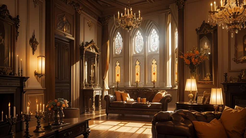 Interior, victorian Manor with reliquies, (((Nigth))), (((moonligth enters the living room))) soft pale orange palette, soft secundary exterior ligth