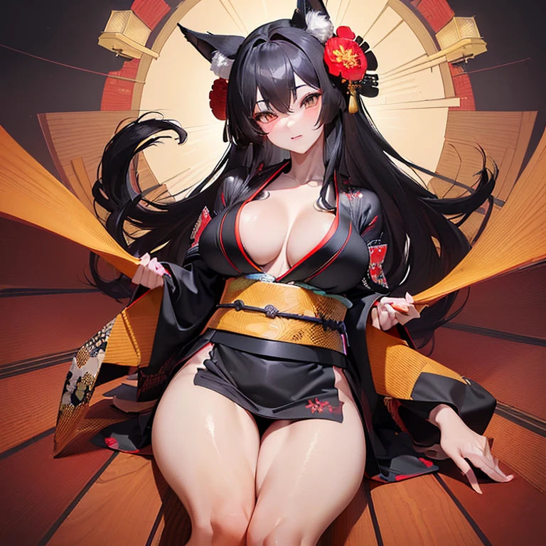 (Fox Girl, Fox Ears, Black colored hair, Fox Makeup, One Girl, Long Hair:1.2), (kimono, Kimono with open chest, A beautiful kimono with red and black patterns, I can see her cleavage, Open chest, Exposed skin:1.8), (Body size is 100-70-90!, Nice body, Big Breasts, Soft breasts, Emphasize cleavage, Thighs are slightly visible, Muscular, Abdominal muscles, Grab your own chest:1.4), Avatar, face, lewd face, Dominant representation, naughty face, Uplifting, Skin Texture, outside, Grassy field