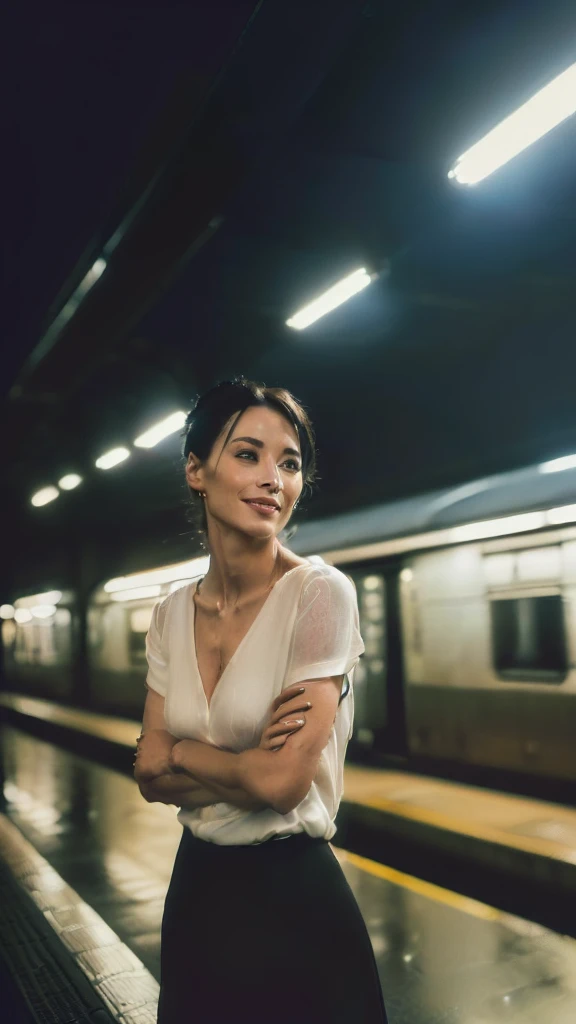 (((Very realistic, frontal, American shot photos of actresses taken by a professional photographer, very Seductive pose, 32k, 7 heads、looking at viewer, Staring Intently :1.5))),(A pure white, extremely thin fabric business short-sleeved open-neck shirt with a wide V-neck, Soaking wet:1.4)。((Highest quality)), ((masterpiece)), (((detailed))), (midnight ,A modern train station platform in Tokyo on a dark, pouring, stormy night, Low Key Lighting:1.6)、(((A very beautiful, extremely elegant and intelligent 39-year-old Japanese woman。Very intelligent and goddess-like face。An extremely elegant, calm and modest smile, Being drunk、My eyes are quite watery、I'm very horny、embarrassed ,blush, Curvy Body:1.9)))、(((A short, well-groomed, shiny black haircut。The skin is white and very smooth。A very hot rainy summer night、I'm pretty sweaty、My clothes were soaking wet and transparent、When wet, it sticks perfectly to your skin, revealing your beautiful body lines.、Through the extremely thin fabric, her skin and her navy blue, lacy, high-end underwear are clearly visible.:1.9)))。(((A simple and elegant business pencil skirt in a plain navy blue knee-length,The clothes fit the body very well:1.8))), (Healthy Body、The line of the chest, collarbone and décolletage are extremely beautiful.:1.9)。She is looking straight at the camera with a very shy look on her face.。Light makeup and no piercings,A simple and modest pearl necklace、(((She is holding her crotch tightly with both hands over her skirt.、large chests )))
