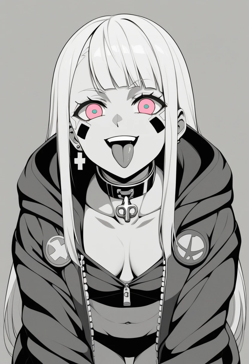 (masterpiece:1.2)、Highest quality、PIXIV、Rebellious girl、One girl、Open your mouth、鋭いteeth、teeth、Long Hair、Street background、gem、badge、ボタンbadge、Food、Pink Eyes、Earrings、Jacket、eyelash、Foodを下にして、star (symbol)、Upper Body、Characters in clothes、zipper、collar、cable、chain、tongue、Stickers、hoodie、smile、spike、Focus on the viewer、長いtongue、Chest in the center、Shoulder Bare、Belly button、Black and white hair color,leaning forward,Cyberpunk city,Night view,Black and white grey outfit