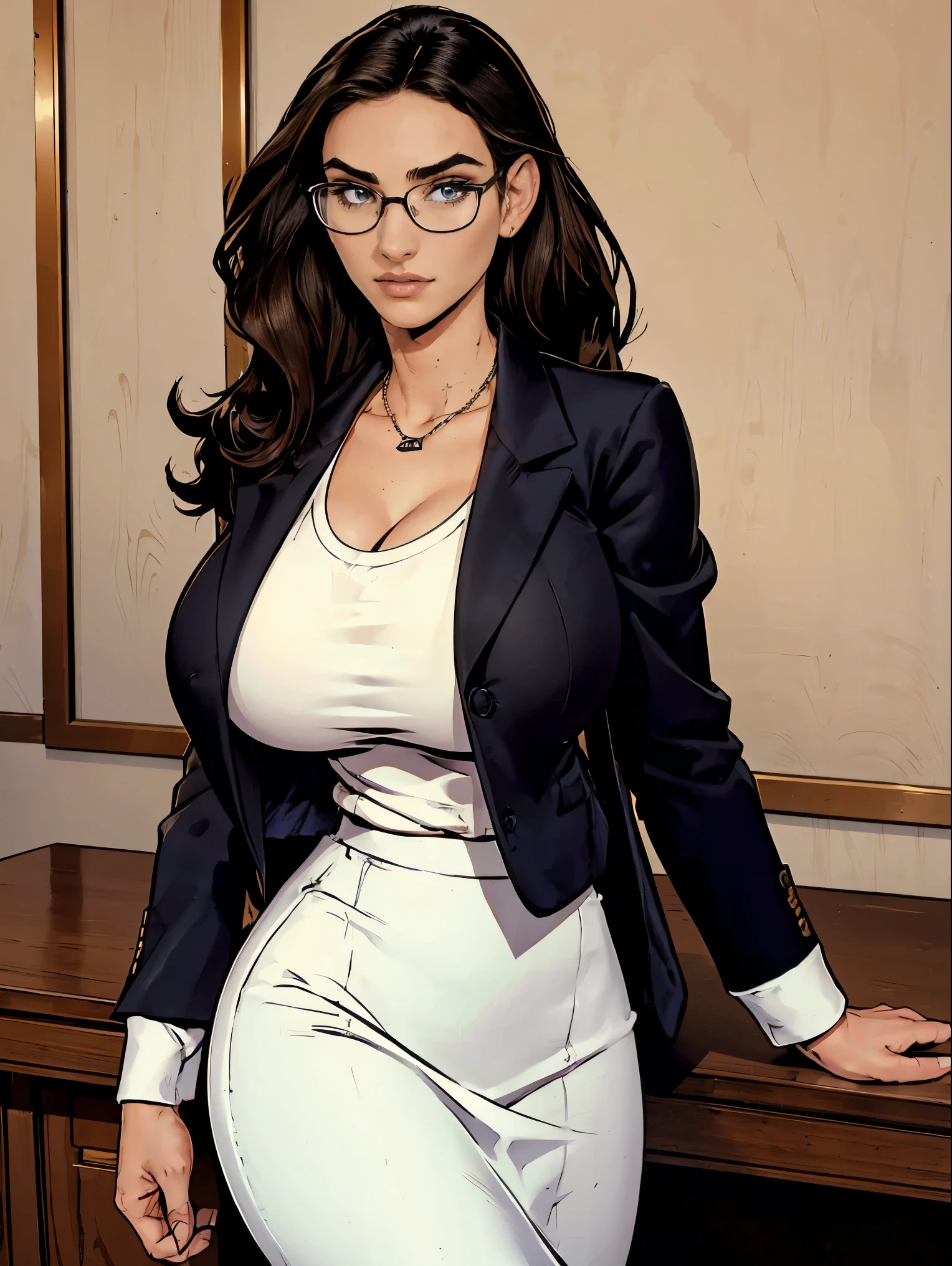 Gorgeous and sultry busty athletic (thin) brunette with sharp facial features and a (large nose) and (huge boobs) wearing a black blazer, white blouse and black pencil skirt, glasses