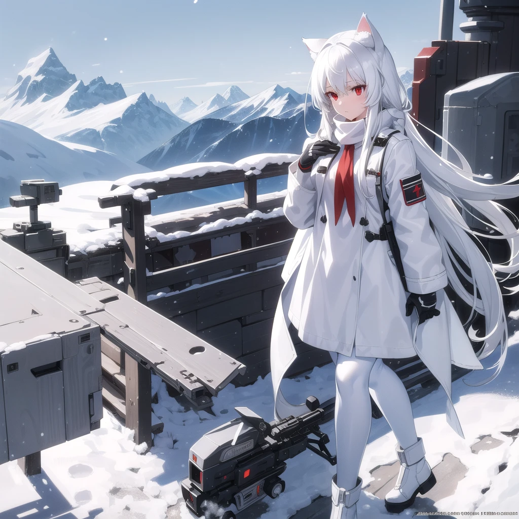 White hair, long hair, cat ears, 1 girl, white pantyhose, red eyes,sci-fi military clothing, sci-fi drones, white scarf (white scarf covering the neck), gray angelic halo, holding a realistic rifle, high quality, cute, no water marks, snow, mountain (snowy mountain)