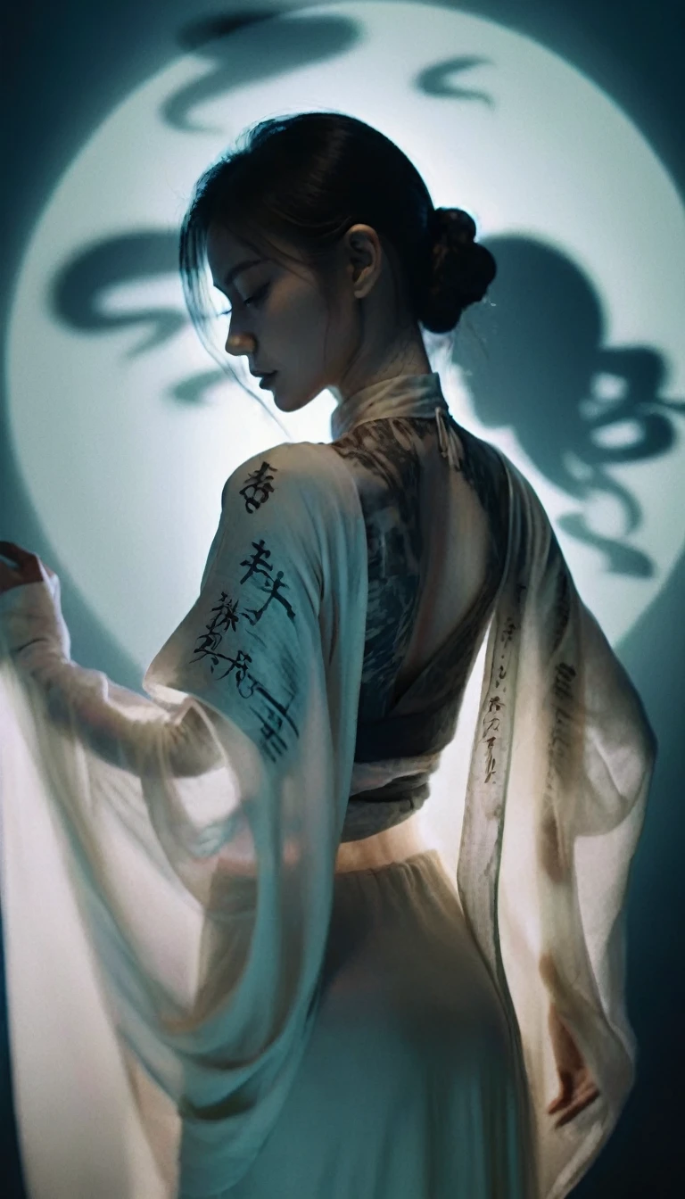 Double Exposure Style,Volumetric Lighting,a girl with Wrap top,arching her back,Traditional Attire,Artistic Calligraphy and Ink,light depth,dramatic atmospheric lighting,Volumetric Lighting,double image ghost effect,image combination,double exposure style,