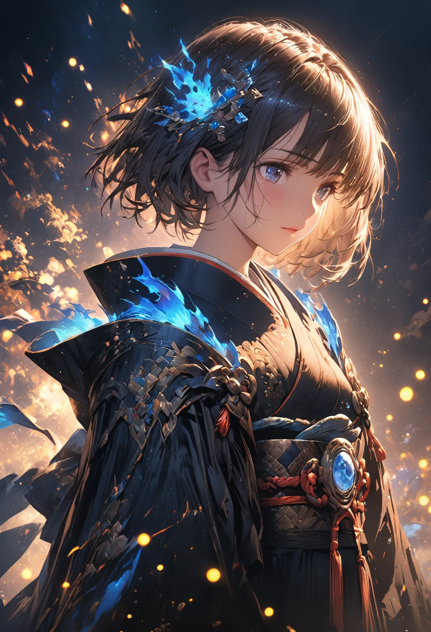 A girl in a black kimono with short hair holds a fan made of glowing fireflies and blue flame particles and holds the fan-shaped edge to her chest on a dark background, in the style of anime, fantasy, full body shot, backlight, high High resolution, high quality illustrations. Colorful illustration, highly detailed, style of digital painting, natural light, full body portrait, anime character design, sharp focus, highly detailed illustration, masterpiece, high resolution, style of octane rendering, 2D game art, ultra realistic. I feel the depth、