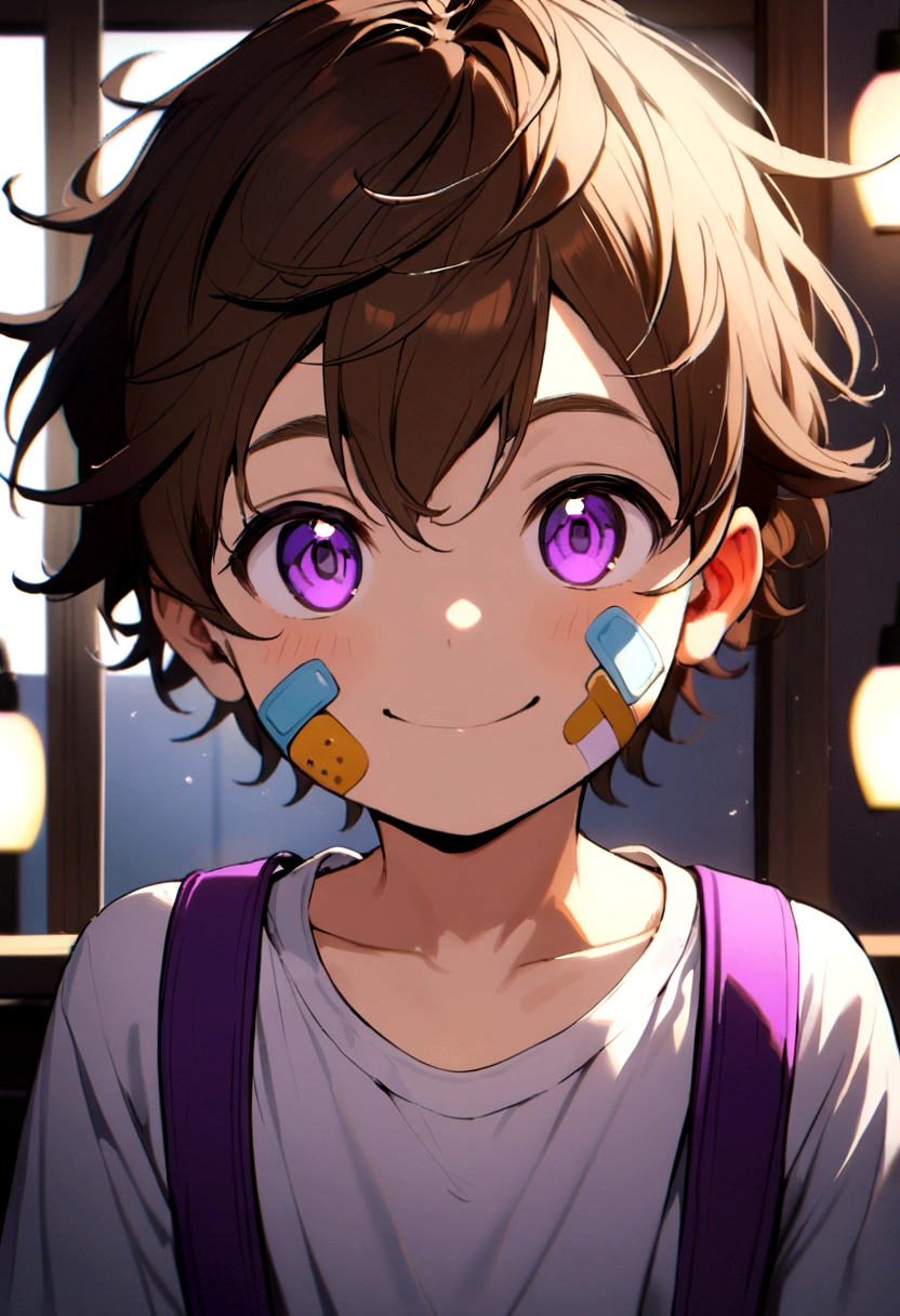 6 year old boy, brown hair, purple eyes, band aid on face, purple tank top, white t-shirt inside, smiling.