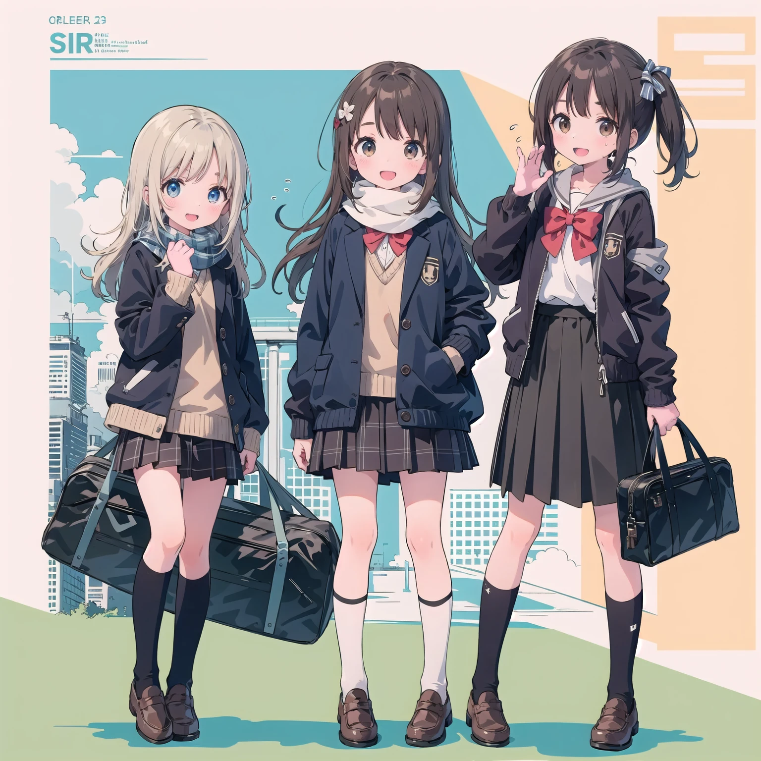 finely DetaileD illustration, best quality, masterpiece, vibrant color,8-year-old、pretty girl、幸せなsmile、Beautiful background,Long Hair, View your audience, blush, smile, Open your mouth, bangs, blue eyes, Multiple Girls, skirt, Brown Hair, shirt, Black Hair, Long sleeve, bow, Brown eyes, very Long Hair, , Are standing, Jacket, white shirt, :D, Sweat, pleateD skirt, Outdoor, Open clothes, shoes, Day, shoes下, Striped, collareD shirt, Please raise your hand, Three Girls, bag, scarf, reD bow, open Jacket, black Jacket, V-shaped eyebrows, Sleeves are longer than the wrist, parteD bangs, Plaid, Knee-length, nose blush, Plaid skirt, Brown footwear, flying SweatDrops, blazer, cardigan, loafers, grey skirt, school bag, Striped bow, Diagonal stripes, station