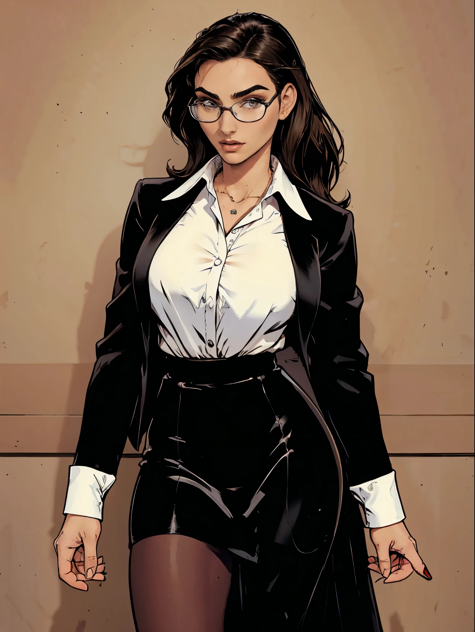 Gorgeous and sultry busty athletic (thin) brunette with sharp facial features wearing a black blazer, white blouse and black pencil skirt, glasses