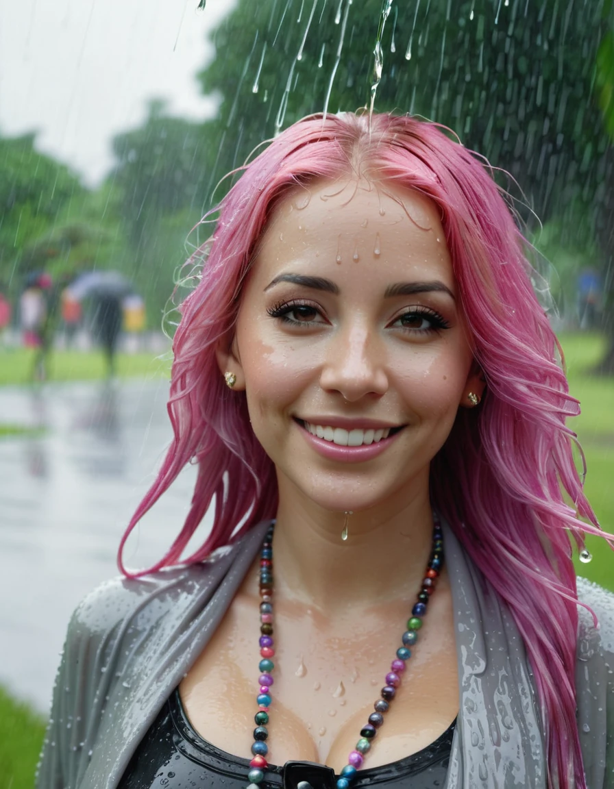 beautiful Woman with long pink hair, walking in the summer rain, ((in a city park)), ((fully dressed)),((rain)), light gray cardigan), wifes, jewelry, beads, Close-up fantasy with water magic., housewife, cloudy, wet, tropical, summer palette, playful, gentle smile, clothes made of water, photorealistic, cabello wet, beautiful realistic photo, hyperrealistic fantasy photo, close up, narrow depth of field, 8k, ((soggy)), ((wet)), (dripping water), heavy clothing, medium breasts, Grass, wet por todas partes, pink hair, pelo wet que gotea, varied poses