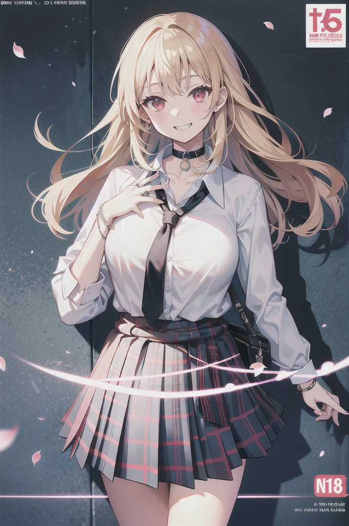 masterpiece, best quality, full body,
1girl, bangs, black choker, black necktie, blonde hair, blue skirt, blush, bracelet, breasts, choker, clothes around waist, collarbone, collared shirt, cowboy shot, dress shirt, ear piercing, eyebrows visible through hair, gradient hair, grin, gyaru, jewelry, kogal, long hair, looking at viewer, loose necktie, necktie, piercing, plaid, plaid skirt, pleated skirt, red eyes, ring, school uniform, shirt, skirt, smile, solo, white shirt,
street, sky, cherry blossoms, petals,illustration, (magazine:1.3), (cover-style:1.3), fashionable, woman, vibrant, outfit, posing, front, colorful, dynamic, background, elements, confident, expression, holding, statement, accessory, majestic, coiled, around, touch, scene, text, cover, bold, attention-grabbing, title, stylish, font, catchy, headline, larger, striking, modern, trendy, focus, fashion,