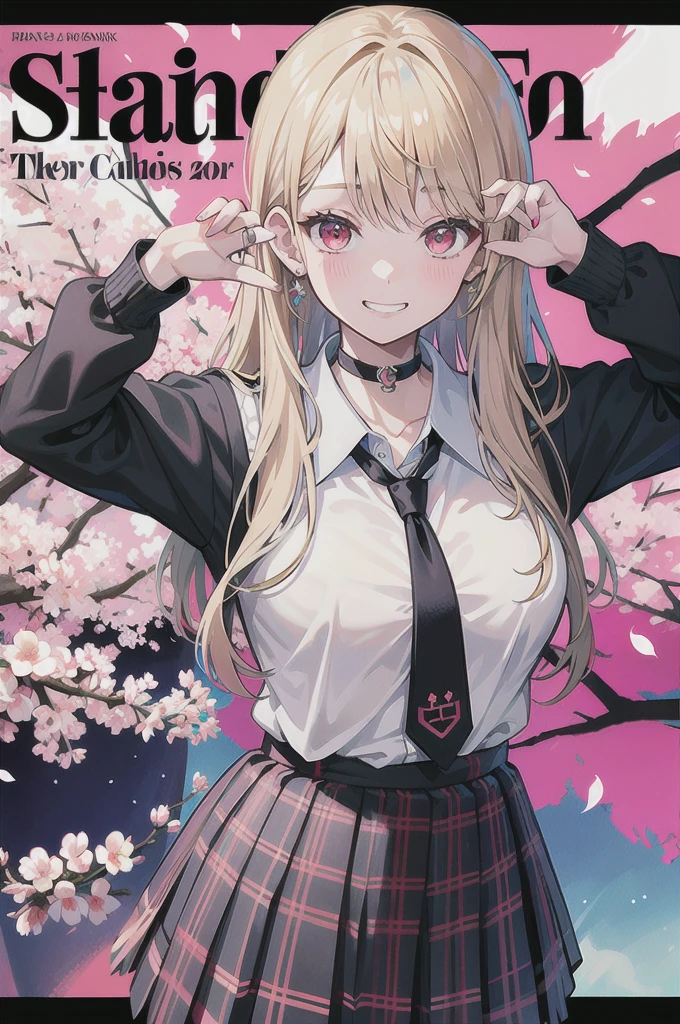 masterpiece, best quality,  full body,
1girl, bangs, black choker, black necktie, blonde hair, blue skirt, blush, bracelet, breasts, choker, clothes around waist, collarbone, collared shirt, cowboy shot, dress shirt, ear piercing, eyebrows visible through hair, gradient hair, grin, gyaru, jewelry, kogal, long hair, looking at viewer, loose necktie, necktie, piercing, plaid, plaid skirt, pleated skirt, red eyes, ring, school uniform, shirt, skirt, smile, solo, white shirt,
street, sky, cherry blossoms, petals,illustration, (magazine:1.3), (cover-style:1.3), fashionable, woman, vibrant, outfit, posing, front, colorful, dynamic, background,  elements, confident, expression, holding, statement, accessory, majestic, coiled, around, touch, scene, text, cover, bold, attention-grabbing, title, stylish, font, catchy, headline, larger, striking, modern, trendy, focus, fashion,