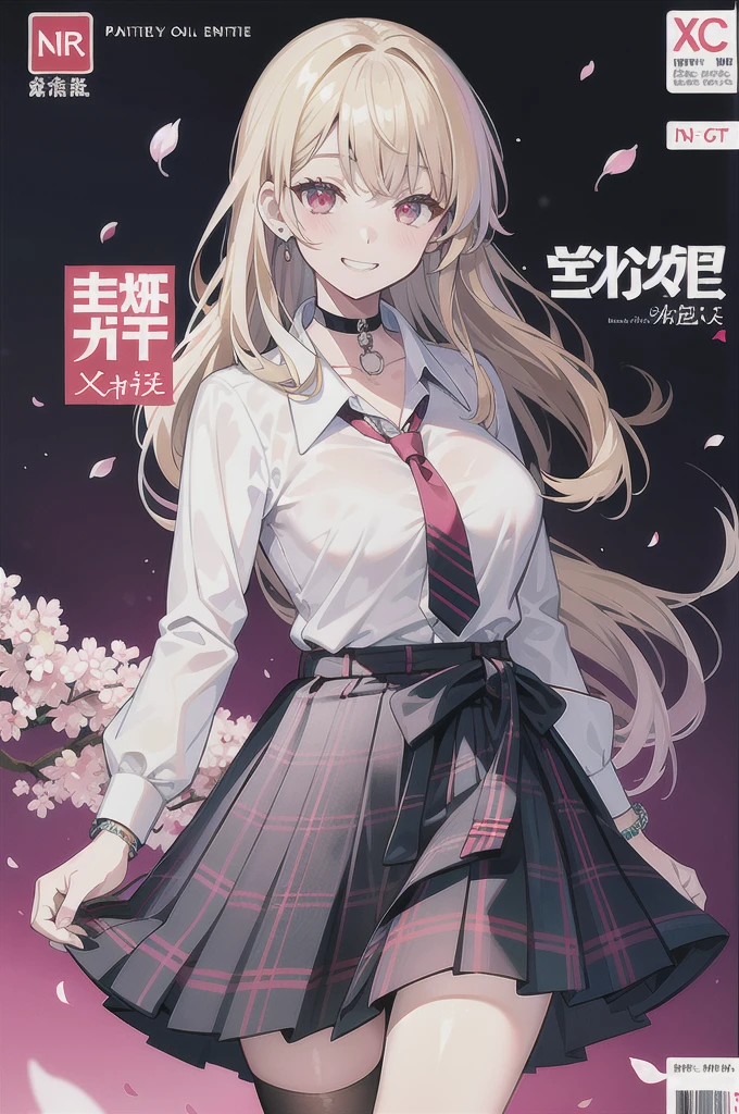 masterpiece, best quality, full body,
1girl, bangs, black choker, black necktie, blonde hair, blue skirt, blush, bracelet, breasts, choker, clothes around waist, collarbone, collared shirt, cowboy shot, dress shirt, ear piercing, eyebrows visible through hair, gradient hair, grin, gyaru, jewelry, kogal, long hair, looking at viewer, loose necktie, necktie, piercing, plaid, plaid skirt, pleated skirt, red eyes, ring, school uniform, shirt, skirt, smile, solo, white shirt,
street, sky, cherry blossoms, petals,illustration, (magazine:1.3), (cover-style:1.3), fashionable, woman, vibrant, outfit, posing, front, colorful, dynamic, background, elements, confident, expression, holding, statement, accessory, majestic, coiled, around, touch, scene, text, cover, bold, attention-grabbing, title, stylish, font, catchy, headline, larger, striking, modern, trendy, focus, fashion,