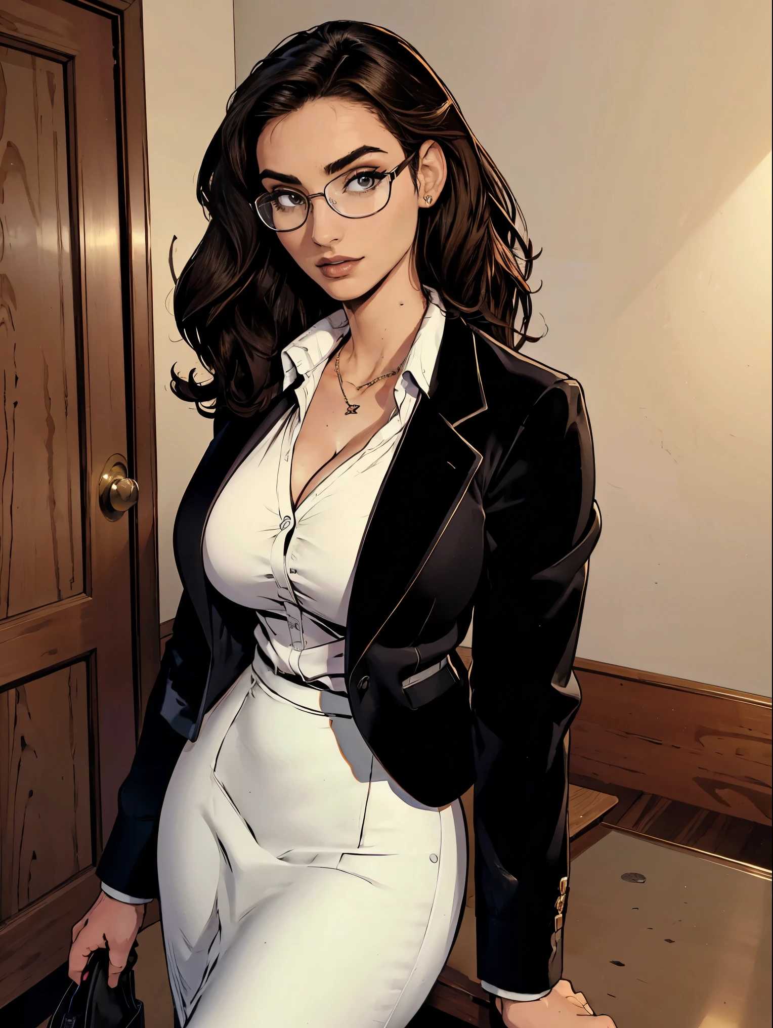 Gorgeous and sultry busty athletic (thin) brunette with sharp facial features wearing a black blazer, white blouse and black pencil skirt, glasses. Cleavage.