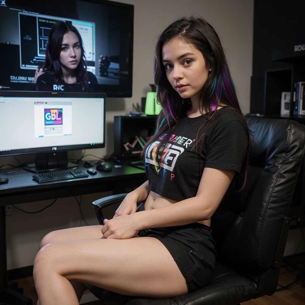 gorgeous girl in her 30s wearing black neon shorts and t-shirt, multi colored hair, very long hair, playing video game on a large monitor, gamer girl, sitting on an gamer chair, curvy, large hip, camera takes side view photo of the girl, she is facing the desktop monitor, detailed hands, detailed fingers, RGB PC case in background
