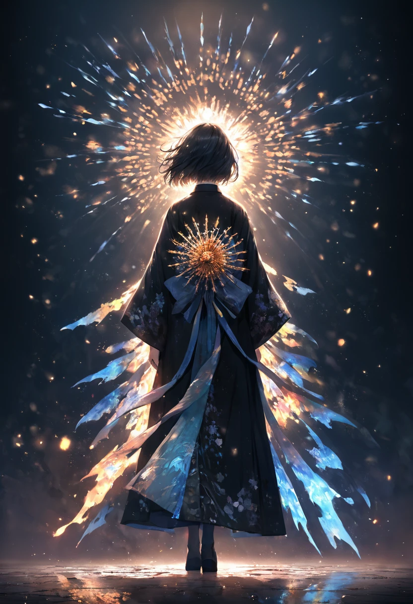 A girl in a black kimono with short hair holds a fan made of glowing fireflies and blue flame particles and holds the fan-shaped edge to her chest on a dark background, in the style of anime, fantasy, full body shot, backlight, high High resolution, high quality illustrations. Colorful illustration, highly detailed, style of digital painting, natural light, full body portrait, anime character design, sharp focus, highly detailed illustration, masterpiece, high resolution, style of octane rendering, 2D game art, ultra realistic. I feel the depth、