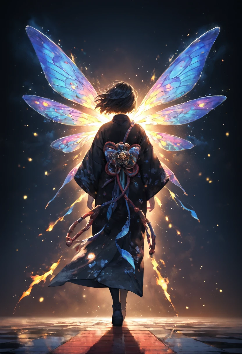 A girl in a black kimono with short hair holds a fan made of glowing fireflies and blue flame particles and holds the fan-shaped edge to her chest on a dark background, in the style of anime, fantasy, full body shot, backlight, high High resolution, high quality illustrations. Colorful illustration, highly detailed, style of digital painting, natural light, full body portrait, anime character design, sharp focus, highly detailed illustration, masterpiece, high resolution, style of octane rendering, 2D game art, ultra realistic. I feel the depth、