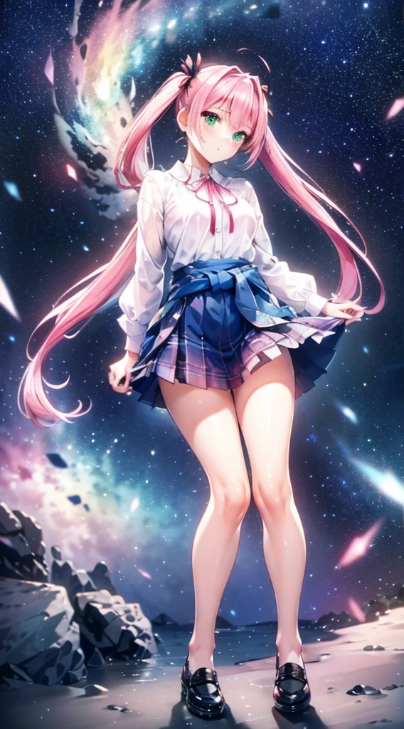 High detail, Super detailed, Ultra-high resolution, A girl having fun in a dreamlike galaxy, Surrounded by stars, The warm light that shines on her, Starry background with colorful galaxies and galactic clouds, The stars fly around her, Add a playful touch ,(((Pink long hair)))、(((Half Twin Tail)))、solo、Green Eyes、skirt、(((long back hair)))、shirt、shoes下、(Blue waistband)、白いshirt、((格子縞のskirt))、(Plaid)、sleevesa rolled up、chest、襟付きshirt、ribbon、Knee-high、bangs、shoes、(茶色のskirt)、赤いribbon、(茶色のプリーツskirt)、Mouth closed、ネックribbon、Medium breast 、Beautiful female fingers、Accurate Fingers、