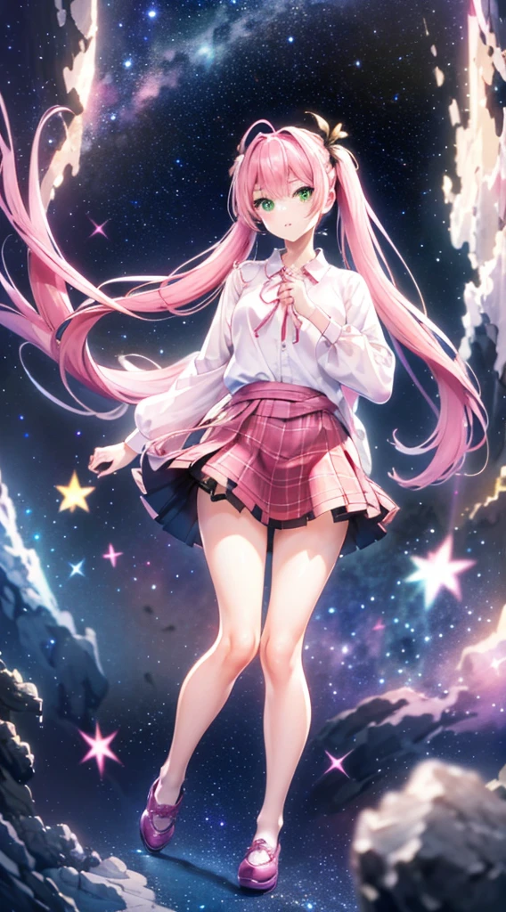 High detail, Super detailed, Ultra-high resolution, A girl having fun in a dreamlike galaxy, Surrounded by stars, The warm light that shines on her, Starry background with colorful galaxies and galactic clouds, The stars fly around her, Add a playful touch ,(((Pink long hair)))、(((Half Twin Tail)))、solo、Green Eyes、skirt、(((long back hair)))、shirt、shoes下、(Blue waistband)、白いshirt、((格子縞のskirt))、(Plaid)、sleevesa rolled up、chest、襟付きshirt、ribbon、Knee-high、bangs、shoes、(茶色のskirt)、赤いribbon、(茶色のプリーツskirt)、Mouth closed、ネックribbon、Medium breast 、Beautiful female fingers、Accurate Fingers、
