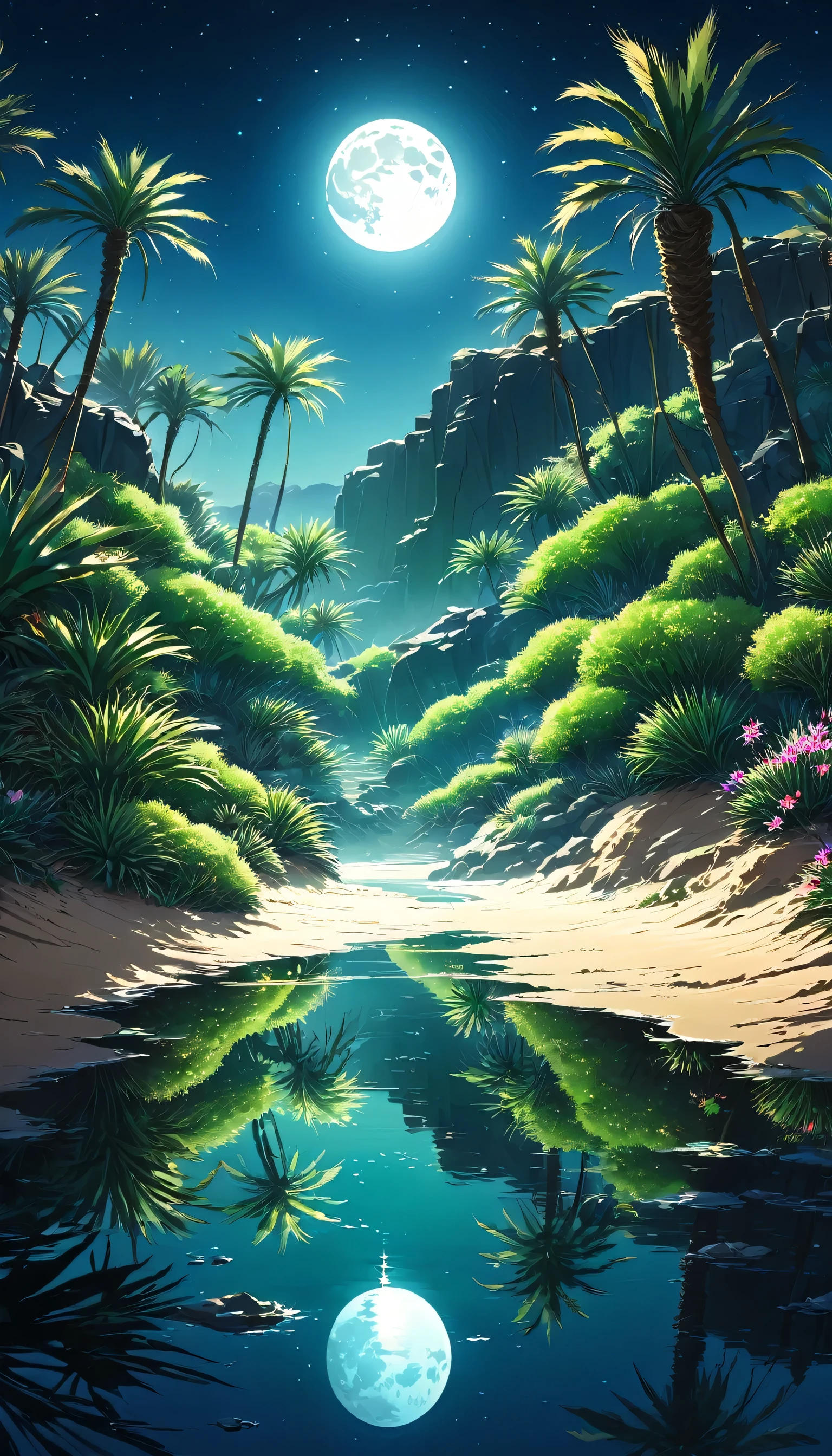 desert, oasis, night, moon, moon light, Star, starsky, Silver河系, Quiet, peaceful, water, Water surface, reflection, Palm tree, contour, shadow, dune, Wind Line, green, blue, Group green color, Black, White, Silver, mystery, fantasy, beautiful, Growth, Gorgeous, Cold, heating, Temperature difference, mirage, animal, fox, scorpion, snake, bird, owl, one, plant, cactus, flower, bloom, vitality, Compared, dramatic, shadow Art, mystery, romantic, expedition, adventure, , The World of Quiet, time, forever, Take a deep breath, Rehabilitation, Peace, desert gemstone, Hidden Paradise,beautiful Anime Landscape, Mountain water painting, beautiful numbers, andreas rocha, Beautiful artistic illustration, Great wallpaper, Han Ruiwen, tall beautiful painting, Gribble Studio Makoto Shinkai, Wallpaper HD beautiful, Anime Landscape