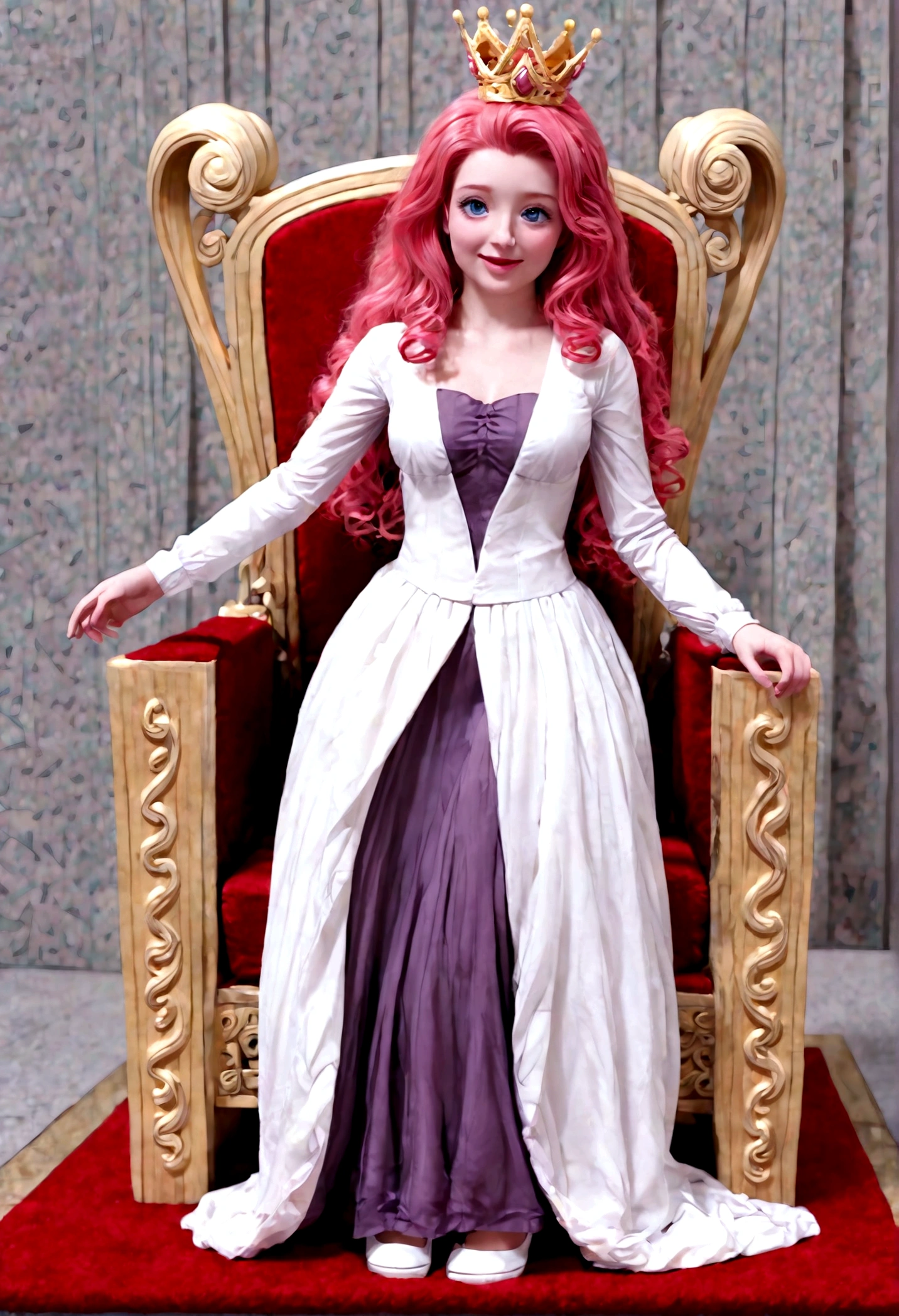 Queen of joy and love (dressed in pinks and deep reds, golden love themed crown), love themed throne, attended to by unicorns and fairies