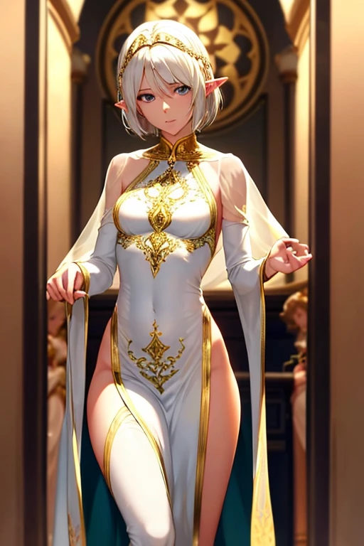 The elf is very beautiful, her body is slim and toned, His skin and hair are white with gold tones., His eyes are golden with a beautiful shine., his countenance is very attractive, her hair short but well combed, Her legs are slim and toned and her hands look very delicate both physically and mentally..