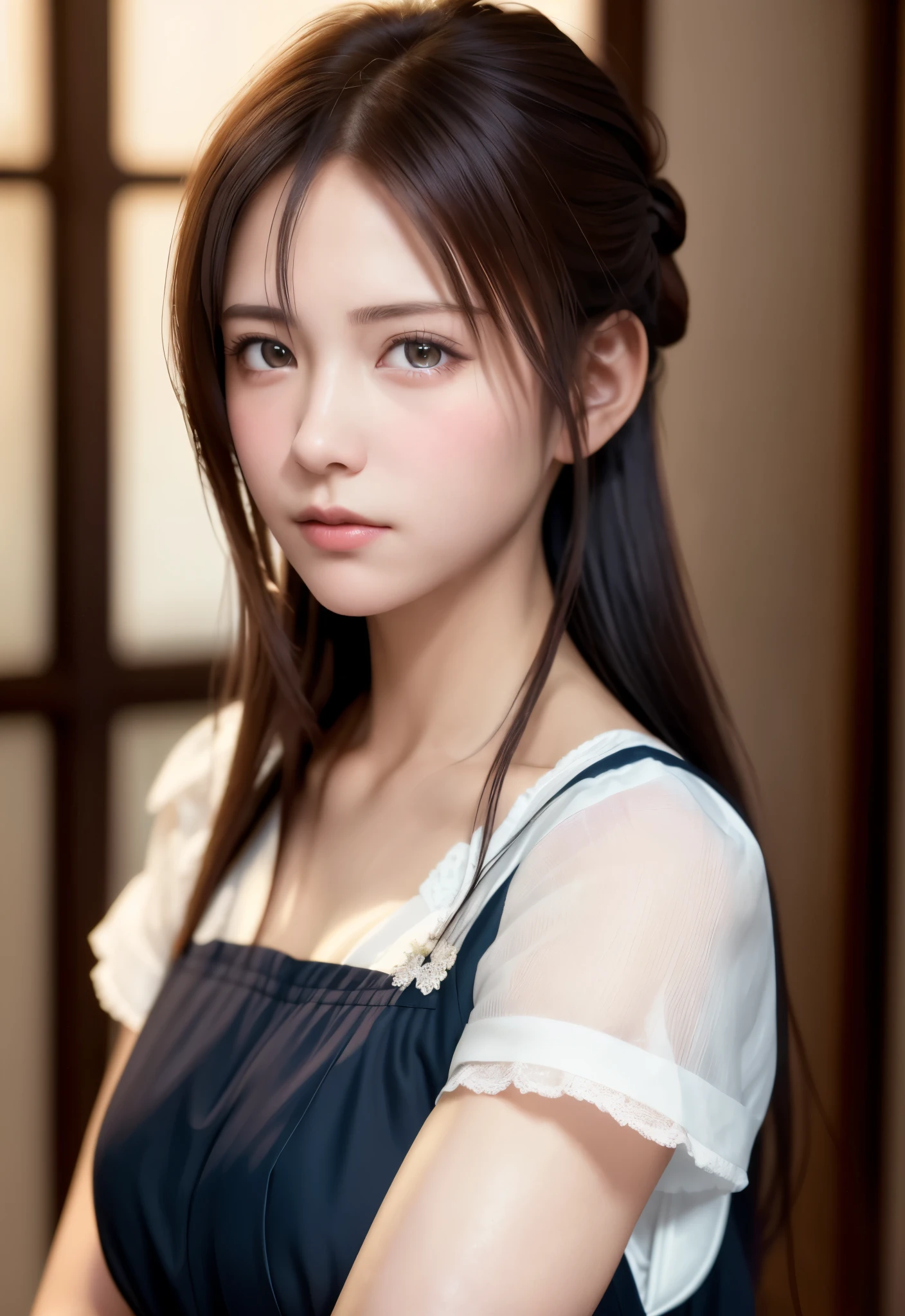 8K, of the highest quality, masutepiece:1.2), (Realistic, Photorealsitic:1.37), of the highest quality, masutepiece, Beautiful young woman, Pensive expression, Thoughtful look, Cute Maid Clothes, Hair tied back, Messy mood, Cinematic background, Tired, Light skin tone