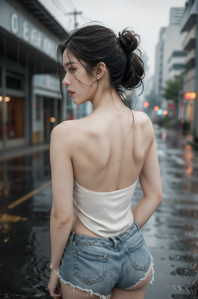 (((best quality))),(((ultra detailed))),(((masterpiece))),illustration,1girl, young,solo, slim,thin,short ponytail,((bare back,towering hips,butt crack)),strapless white tank top,shorts,standing,rainy night, heavy rain, drenched clothes, melancholy expression, solitude, tear rolling down cheek, wet hair, empty streets, dimly lit, deserted environment, sound of rain, footsteps, symbol of hope, abandoned, resilience, determination, walking in rain, heartbreak, loss, love fading, loneliness, body language, facial expression, dreary atmosphere, rain-soaked streets, somber mood, viewer engagement,((upper body,from back)),urban scape