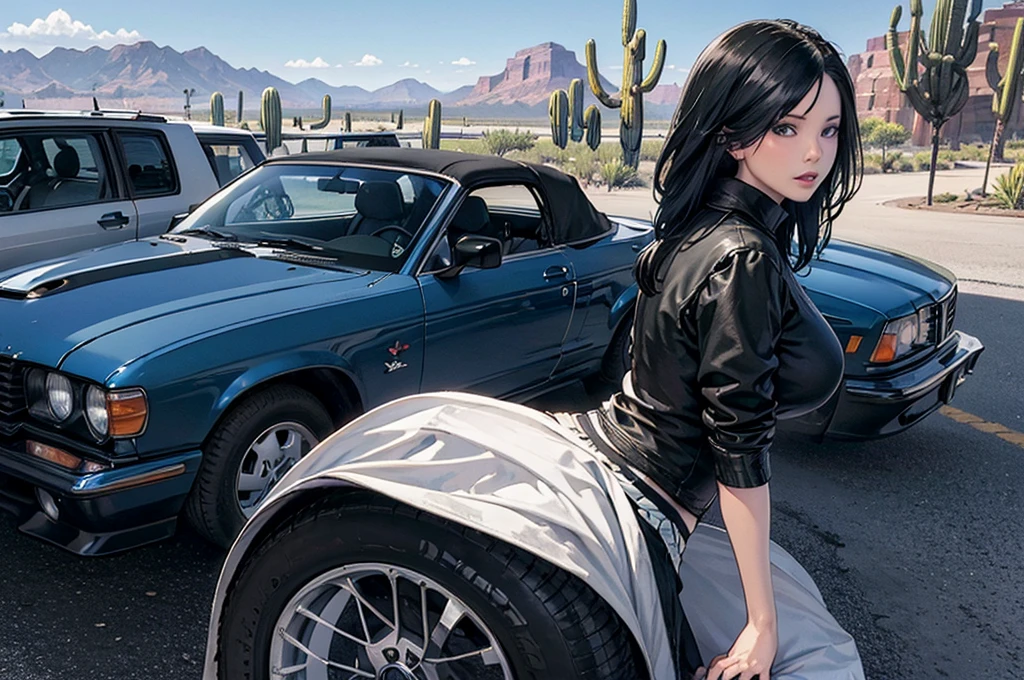 ((masterpiece)), ((best quality)), 1girl, black_hair, blue_eyes, shirt, skirt, tights, arizona_desert, lowrider, lowrider, convertible, car, blue_sky, cactus,