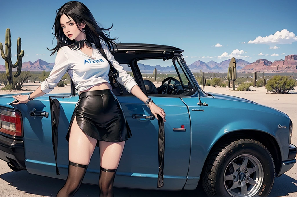 ((masterpiece)), ((best quality)), 1girl, black_hair, blue_eyes, shirt, skirt, tights, arizona_desert, lowrider, lowrider, convertible, car, blue_sky, cactus,