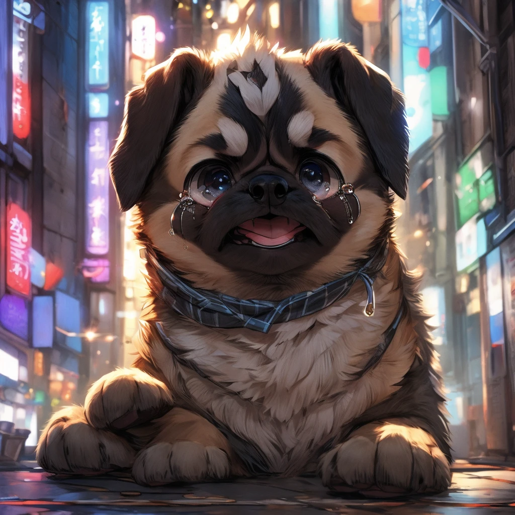 In the city、1 Pug puppy、（（（Round black fur on forehead:1.3）））、（（（Tears:3.0）））