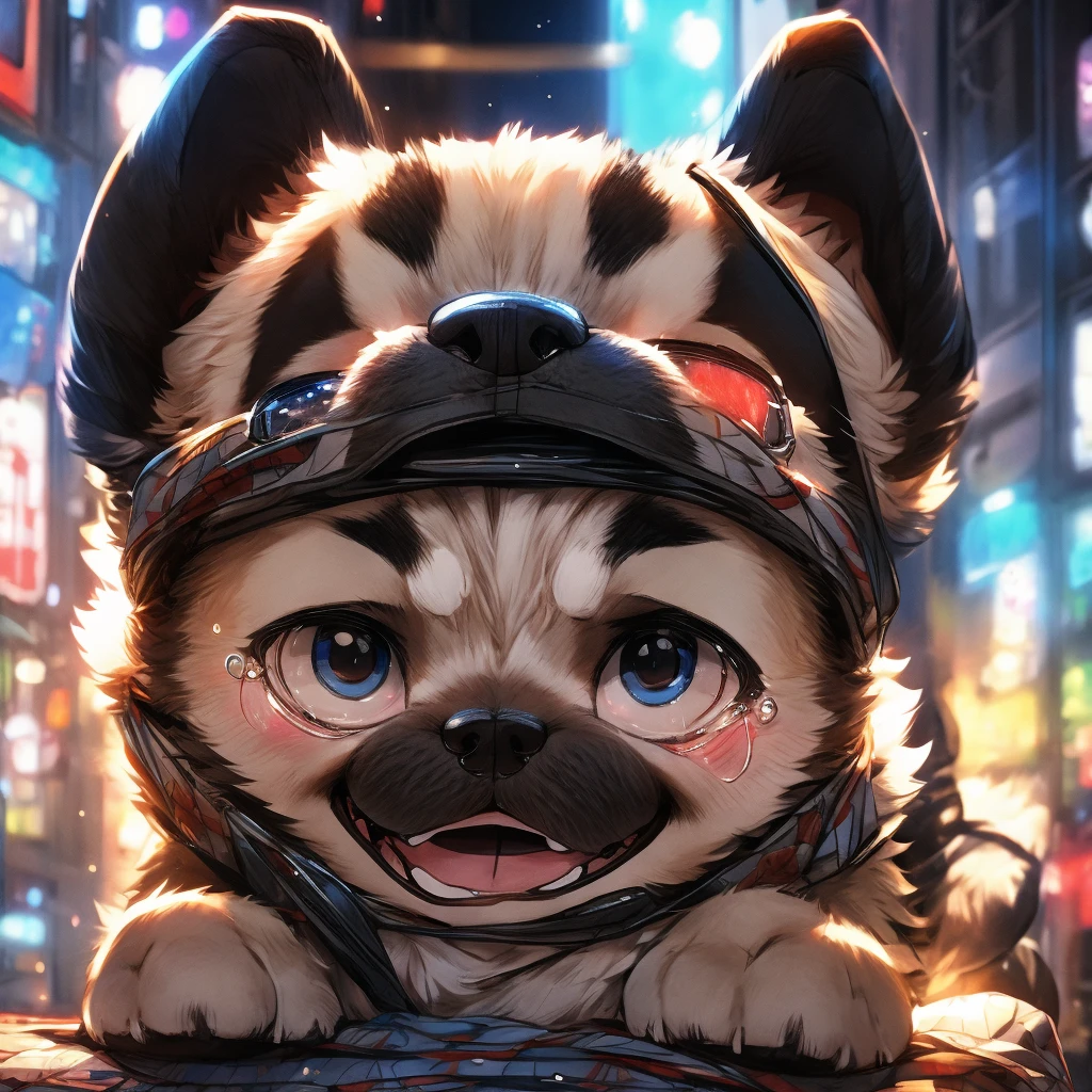 In the city、1 Pug puppy、(((Round black fur on forehead:1.3)))、(((Tears:3.0)))