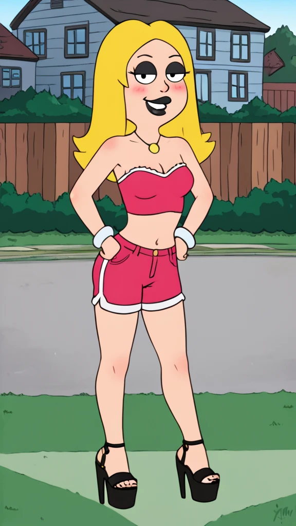 francine, flat color, blonde hair, 1girl, long hair, white braclet, small breasts, solo, necklace, cleavage, tight strapless pink crop-top, pink short shorts, black lips, nsfw, standing, looking at viewer, outdoors, full-body, smile, blushing, open-toe platform high heels, black eyeliner