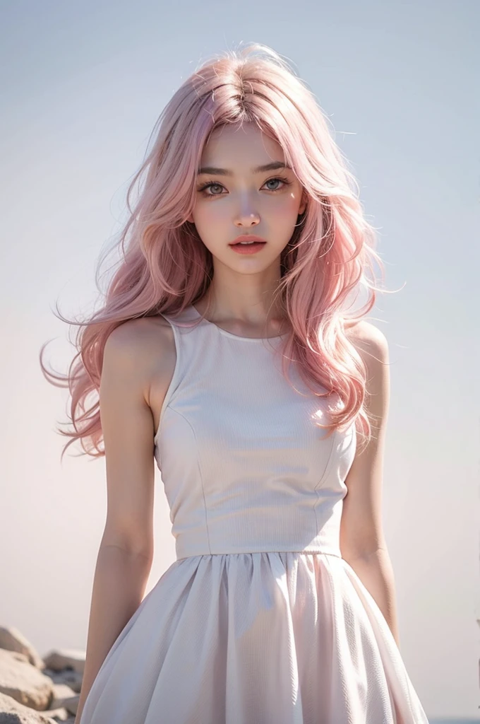 Light pink hair, Pink Eyes, Pink and white, Vibrant colors, White Dress, Paint splashes, Simple Background, Ray Tracing, Wavy Hair
