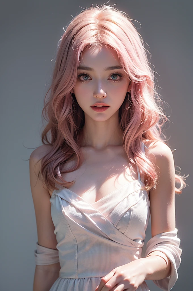 Light pink hair, Pink Eyes, Pink and white, Vibrant colors, White Dress, Paint splashes, Simple Background, Ray Tracing, Wavy Hair